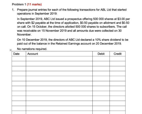 Problem 1 (11 marks) 1. Prepare journal entries for each of the following transactions for ABL Ltd that started operations in