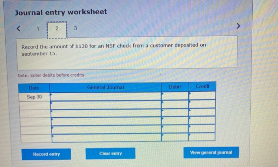 Journal entry worksheet 2 3 Record the amount of $130 for an NSF check from a customer deposited on september 15. Note: Enter