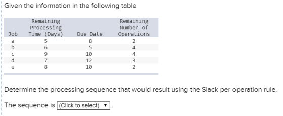 Given the information in the following table Remaining Number of Job Time (Days) Due Date Operations Remaining Processing 8 6