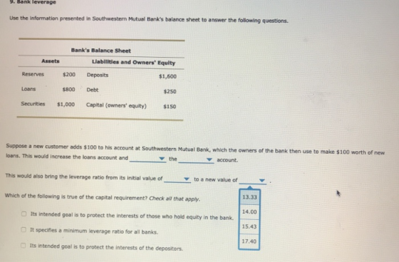 9. Bank leverage Use the information presented in Southwesterm Mutual Banks balance sheet to answer the following questions.