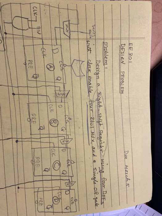 EE 301 DESIGN Due Morch 5 PROBLEM problem! Design a Right shift Register using four DIES with clock enable four to 1 mux, and