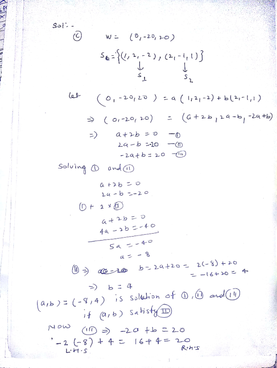 Sol.. WE (0, -20, 20) 58=$(/ 2,-2),(2,-4,1)] 52 let (0, -20,20 ) =a (112,-2) + b12,-1,1) » (0.-20, 20) = (a +26,24-6, -2a +b)
