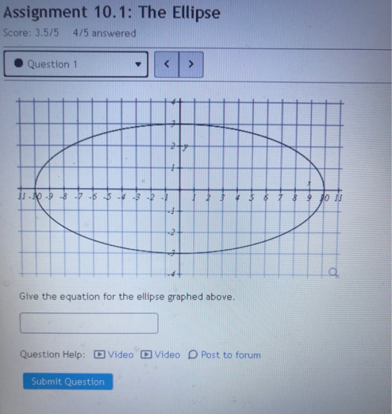 Assignment 10.1: The Ellipse Score: 3.5/5 4/5 answered Question 1 > 2 - - - 8 -7 -6 -5 -4 -3 - - 2 3 4 5 6 7 8 9 foil 3 -2 s