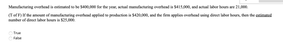Manufacturing overhead is estimated to be $400,000 for the year, actual manufacturing overhead is $415,000, and actual labor