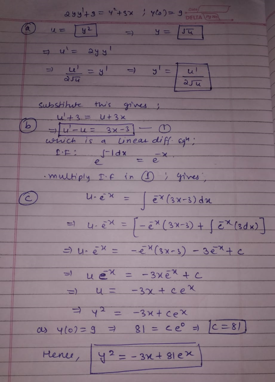 &yy+3 -4xyog Date DELTA Pg No y2 JT ul QJU 2Ju SubsHhute ths ult3=U+3x --F 3XI3 ineai diff cg uwiuch is e e mulhply Tf in D