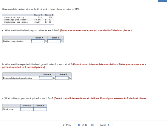 Here are data on two stocks, both of which have discount rates of 12%; Stock A Stock B Return on equity Earnings per share Di