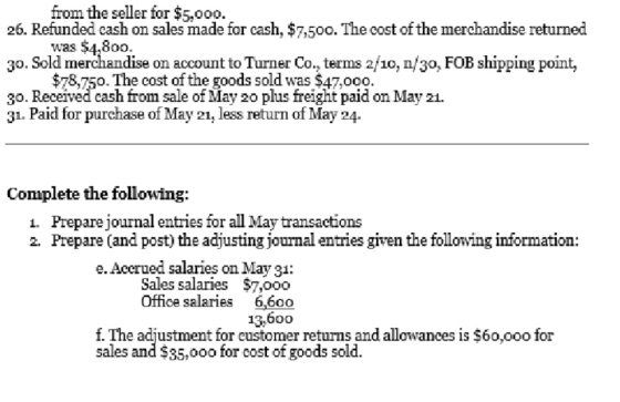 from the seller for $5,000. 26. Refunded cash on sales made for cash, $7,500. The cost of the merchandise returned was $4,800