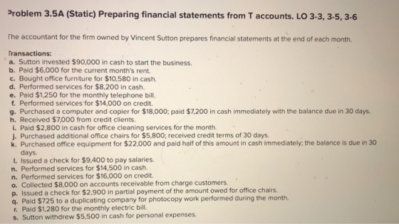 Problem 3.5A (Static) Preparing financial statements from T accounts. LO 3-3, 3-5, 3-6 The accountant for the firm owned by V