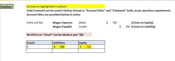 Solution: Answer is highlighted in yellow: Only $ amount can be used in below format or Account titles and $ Amount both,