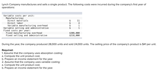 Lynch Company manufactures and sells a single product. The following costs were incurred during the companys first year of o
