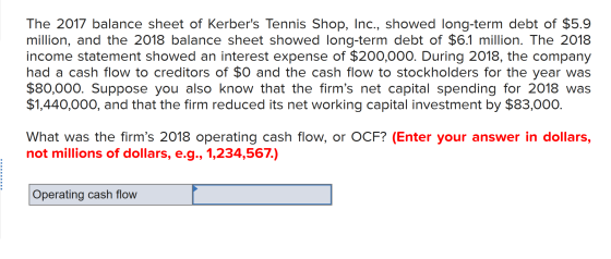 The 2017 balance sheet of Kerbers Tennis Shop, Inc., showed long-term debt of $5.9 million, and the 2018 balance sheet showe