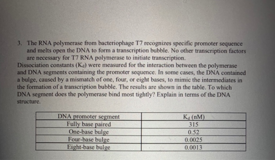 3. The RNA polymerase from bacteriophage T7 recognizes specific promoter sequence and melts open the DNA to form a transcript