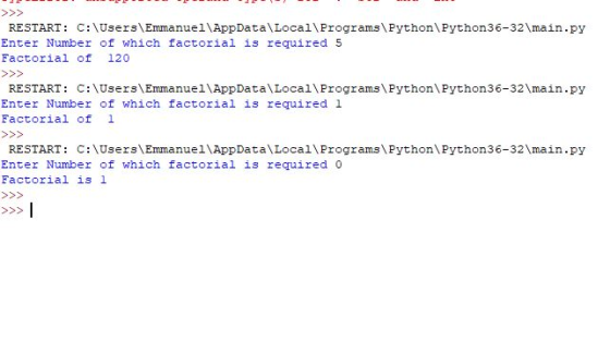RESTART: C:\Users\Emmanuel\AppDatalLocal\Programs\Python\Python36-321main.py Enter Number of which factorial is required Fact