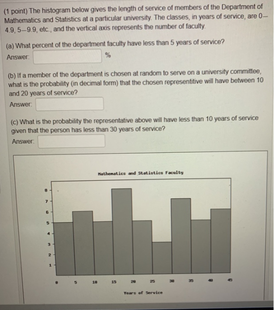 (1 point) The histogram below gives the length of service of members of the Department of Mathematics and Statistics at a par