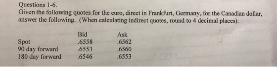 Questions 1-6 Given the following quotes for the euro, direct in Frankfurt, Germany, for the Canadian dollar, answer the following. (When calculating indirect quotes, round to 4 decimal places). Spot 90 day forward 180 day forward Bid 6558 .6553 .6546 Ask .6562 .6560 6553