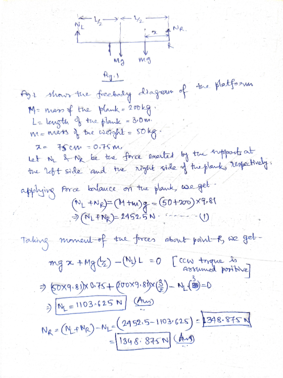 - ₂²- ng mg figil Hg. shows the freebody diagram of the platform M= mass of the plank = 200kg. La length of the plank = 3.0m.