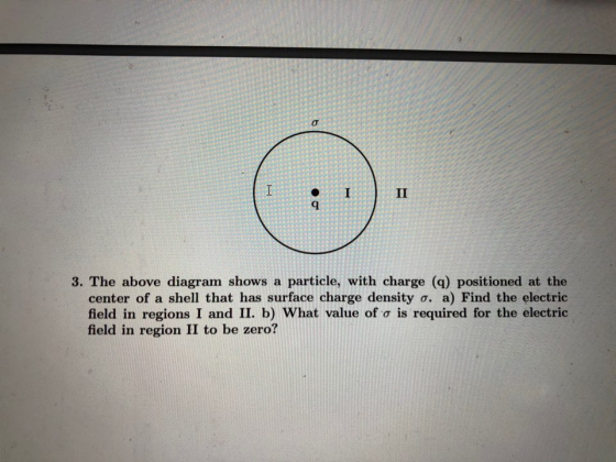 3. The above diagram shows a particle, with charge (q) positioned at the center of a shell that has surface charge density σ. a) Find the electric field in regions I and II. b) what value of σ s required for the electric field in region II to be zero?