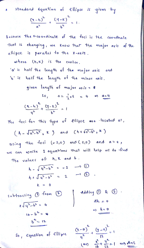 standard Equation of ellipse ir qiven b becaute the x-coordinate of the foci İs the coordinate -lhol i ehangin,e know thar the majon oris he elli pse is parallel t。the X-az?s. he majo oxis ol The where (h,) the center a is half the length afth. ma.01 ais and *b is half the length of Ihe minor axis given length of major axis 下he tccito, this type of elipse are located at, and Cha, k the oci (-2,0) end 2 and a - e , we can te 1 esahon that will help u to -find the values of b, k and b ubTactin うち 0 So, Equation of Cllipe 12. 6 C2