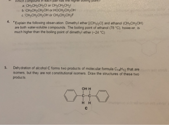 Which compound in each palr nas the higher boing point a CH3CH2CH2CI or CHCH2CH2l b. CH3CH2CH2OH or HOCH2CH2OH c CH3CH2CH20H