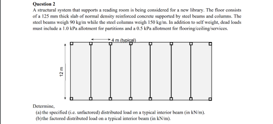 Question .2 A structural system that supports a reading room is being considered for a new library. The floor consists of a 125 mm thick slab of normal density reinforced concrete supported by steel beams and columns. The steel beams weigh 90 kg/m while the steel columns weigh 150 kg/m. In addition to self weight, dead loads must include a 1.0 kPa allotment for partitions and a 0.5 kPa allotment for flooring/ceiling/services. Determine, (a) the specified (i.e. unfactored) distributed load on a typical interior beam (in kN/m). (b)the factored distributed load on a typical interior beam (in kN/m)