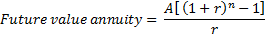 A[ (1+ r) – 1] Future value annuity =