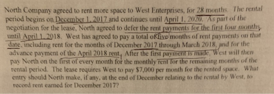 North Company agreed to rent more space to West Enterprises, for 28 months. The rental period begins on December 1, 2017 and