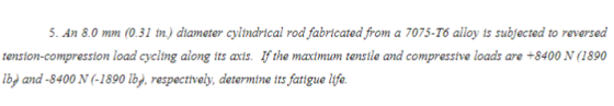 5. An 8.0 mm (0.31 in.) diameter cylindrical rod fabricated from a 7075-T6 alloy is subjected to reversed tension-compression