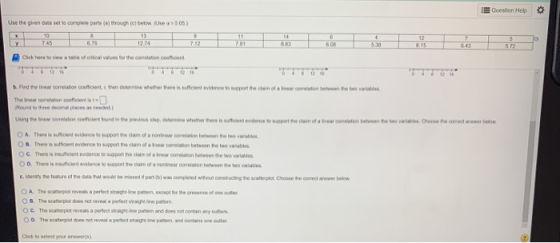 Question Help Use the given data set to complete parte (a) through ſelbelow. Use 0.05.) 10 745 6.78 1274 11 781 4 518 7.12 60