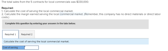 The total sales from the 5 contracts for local commercials was $330,000. Required: 1. Calculate the cost of serving the local