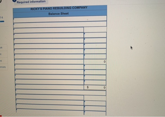 Required information RICKYS PIANO REBUILDING COMPANY Balance Sheet 14 ok ht nt 0 ences 0