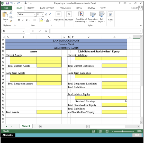 X! Preparing a classified balance sheet - Excel х FILE HOME INSERT PAGE LAYOUT FORMULAS DATA REVIEW VIEW Sign In Calibri 11 Α