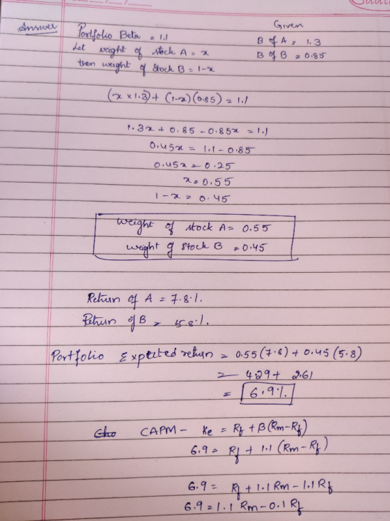 VULULLE Answer Given B of Az 1.3 B of B 20.85 Portfolio Beta z 11 i stock A=x an weight of Stock B = 1-4 Let (2x1.3 + (1-2) (