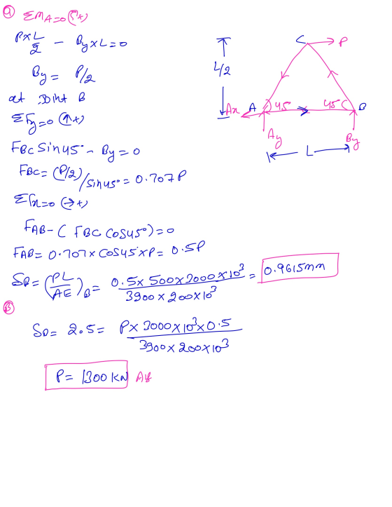 k ha A pus 45 ca TARA > Ay By K L- FAB-C FBC Cosu5)=0 Emazo (84) PXL 늘 By xL=0 By = P/2 42 at Joint B Efg=0 at FBc Sinus- B