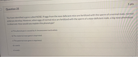 1 pts Question 25 You have identified a gene called NOSE. If eggs from the nose-deficient mice are fertilized with the sperm