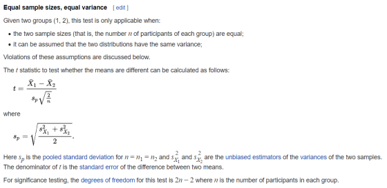 Equal sample sizes, equal variance [edit] Given two groups (1, 2), this test is only applicable when: • the two sample sizes