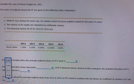 Consider the case of Falcon Freight Inc. (FF): Five years of realized returns for FF are given in the following table. Rememb