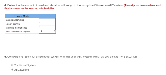 4. Determine the amount of overhead Hazelnut will assign to the luxury line if it uses an ABC system. (Round your intermediat