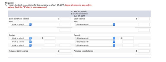 Required: 1. Prepare the bank reconciliation for this company as of July 31, 2011. (Input all amounts as positive values. Omi