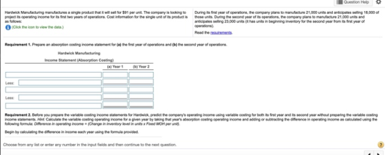 Question Help Hardwick Manufacturing manufactures a single product that it will sell for $91 per unit. The company is looking