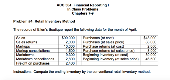 ACC 304: Financial Reporting In Class Problems Chapters 7-9 Problem #4: Retail Inventory Method The records of Ellens Boutiq