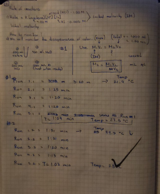 Rake of reactions racid (HO) -1.00ML 1) Rate K Lacetone] [41] [1₂] Initial molarity (IM) a €4.00M (KL -0.005 m. nitial molari