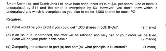 Smart Smith Ltd, and Dumb Jack Ltd. have both announced IPOs at $40 per share. One of them is underpriced by $11 and the othe
