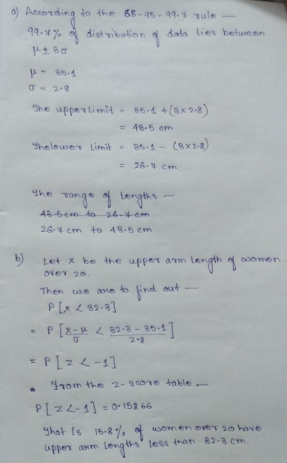 a) According to the 68-95 - 99.7 sulo - 99.4% of distribution of data lies between M +30 M = 35.1 0 = 28 The upperlimit = 35.