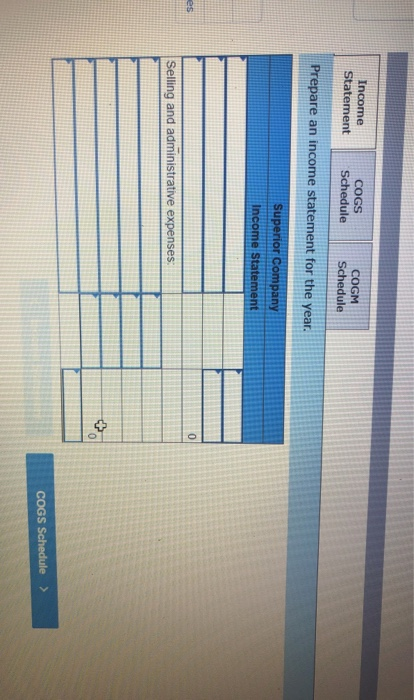 Income Statement COGS Schedule COGM Schedule Prepare an income statement for the year. Superior Company Income Statement Sell