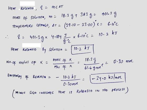2 gic HEAT Rolenseo, q = MCAT mass of solution, m= 18.3 g+ 383g = 40103 g Temperature Ctange, at = (29.10 – 23.00) = 6-10°c •