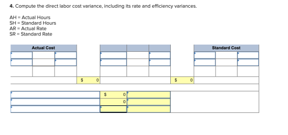 4. Compute the direct labor cost variance, including its rate and efficiency variances. AH = Actual Hours SH = Standard Hours