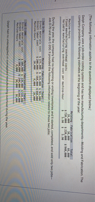 Don applies to the questions displayed below.) Delph Company uses a job-order costing system and has two manufacturing depart