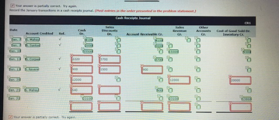 Your answer is partially correct. Try again. Record the January transactions in a cash receipts journal (Post entries in the