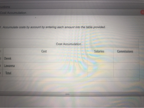 ructions Cost Accumulation 1. Accumulate costs by account by entering each amount into the table provided. Cost Accumulation