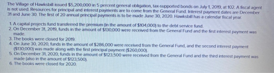 The Village of Hawksbill issued $5,200,000 in 5 percent general obligation, tax supported bonds on July 1, 2019, at 102. A fi